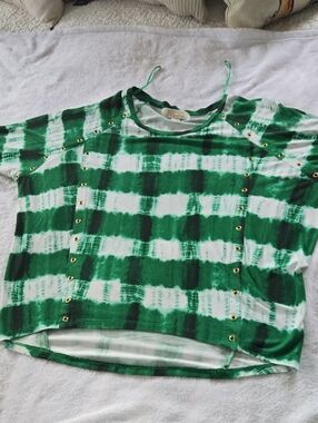 Michael Kors Green and White Tie-Dye Grommet Short Sleeve Top